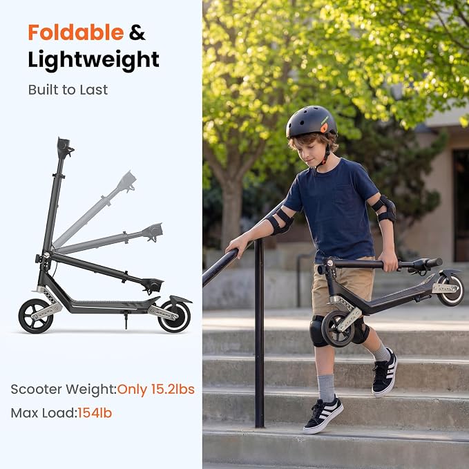 Electric Scooter for Kids Ages 6-12, Shock Absorption, 3/6/10 MPH, 3 Heights, 150W Motor, 6.5" Solid Tire, Foldable Lightweight Kids Electric Scooter with LED Display, Bluetooth & RGB Lights