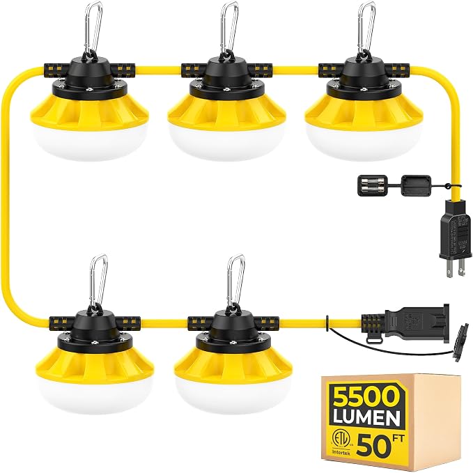 50FT Construction String Lights, 5-Light LED Work Light, 50W 5500LM, ETL Certified, 18/2 SJTW Cord, IP65 Waterproof, Linkable up to 16 Sets, for Attic, Basement, Crawlspace, Garage