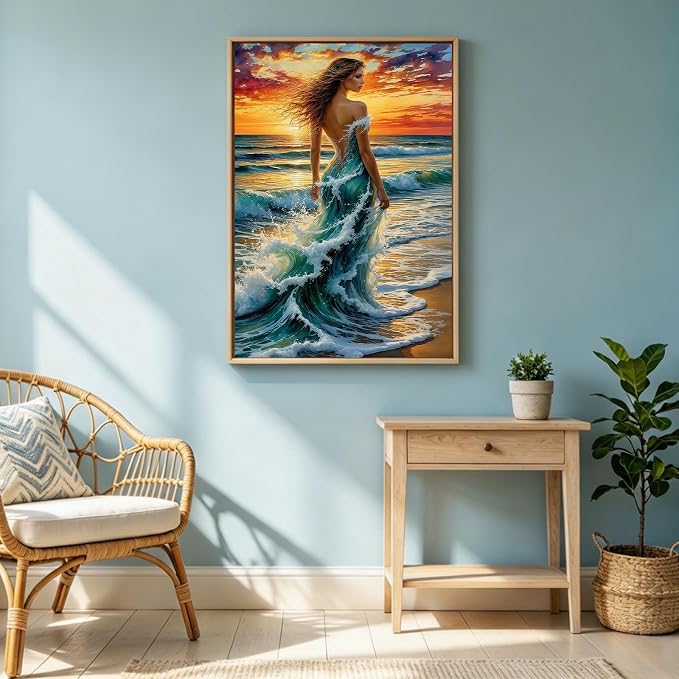 Ocean Wave Woman Diamond Painting Kit for Adults, Fantasy Beach Sunset Lady, 5D Full Round Drill Diamond Art Beginners Canvas for Home Wall Decor, DIY Paint by Diamonds Dot Gem Craft12x16 Inch