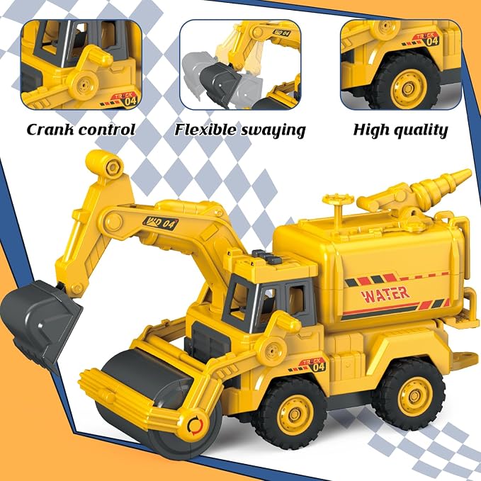 3-in-1 Construction Truck Toy, Excavator & Road Roller Combo with Water Spray Function, Inertia-Powered Push-and-Go, Working Digger Arm & Rolling Drum, Outdoor Sandbox Vehicle for Boys Girls Age 3+
