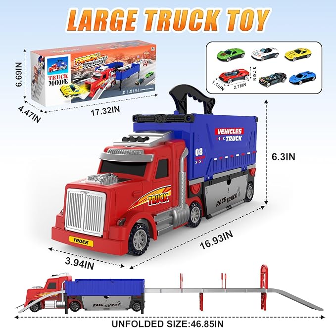 Carrier Truck Race Track Toys, Truck Toys for 3, 4, 5, 6, 7, 8 Years Old Kids, Foldable Transport Truck Toys Car with Lights & Sounds, 6 Metal Cars, Birthday Gifts for Toddler Boys Girls