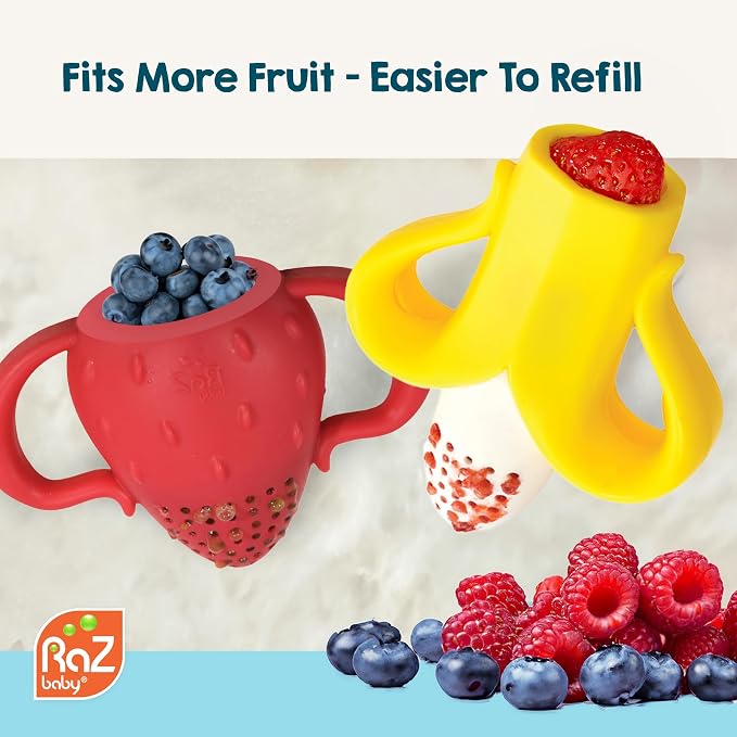 RaZbaby Fruitique Fruit Feeder One-Piece Baby – Larger Opening for Refilling & Fits More Fresh/Frozen Fruit for Teething Relief, Easy to Hold, Safer Design, BPA-Free, Dishwasher Safe - Strawberry