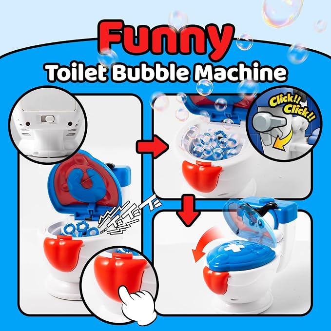 Funny Toilet Bubble Machine with Flushing and Gurgling Sounds, Automatic Bubble Blower, Bubble Maker for Kids Toddlers, Leak-Resistant Outdoor Toy with 2oz x 4 Bubble Solution for Birthday Gift Party
