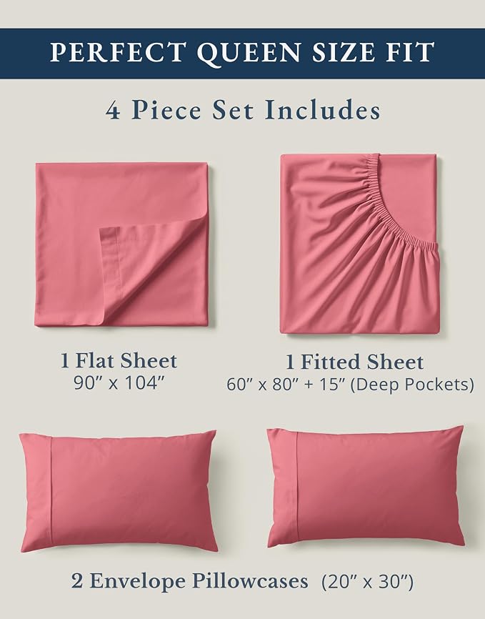 LANE LINEN Queen Sheets 100% Organic Cotton Percale Cooling - Mineral Red | Queen Sheets In Pure Long-Staple Organic Cotton - Breathable For Year-Round Sleep, Best-Value Organic Cotton