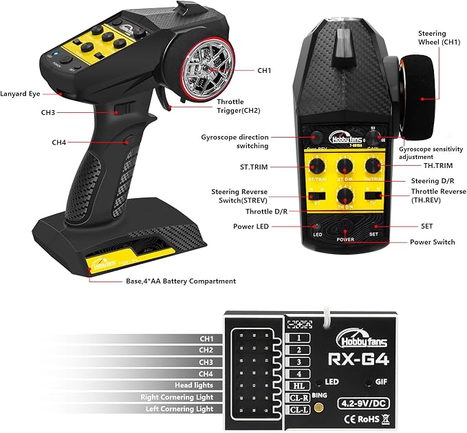 RC Radio System 4CH 2.4G RC Transmitter with Receiver Built-in Gyro and Lanyard Anti-Jamming Remote Controller for RC Car Crawler Boat (Black & Yellow)