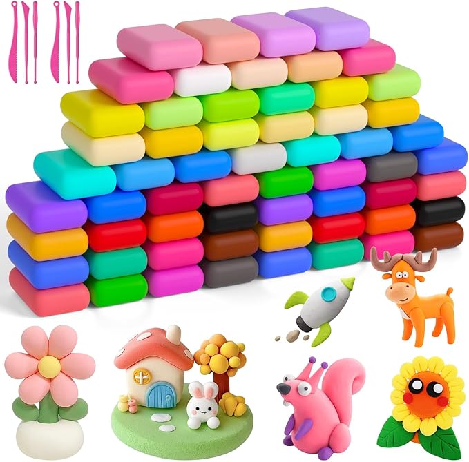 Ainiv Air Dry Clay Kit, 60 Colors DIY Model Magic Clay for Kids, Modeling Clay with 6 Sculpting Tools, Safe and Non-Toxic, Ultra Light Arts and Crafts Kits for Boys Girls, Best Gifts for Kids