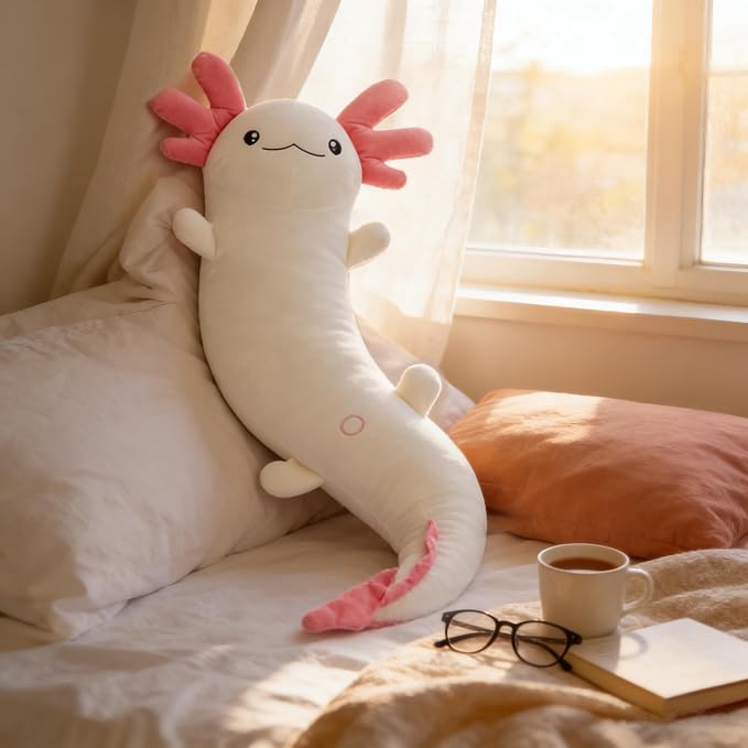 MaoGoLan Giant Axolotl Plush Pillow, Big Axolotl Plush Stuffed Animal Toy for Kid Girl Boy, Jumbo Stuffed Salamander Body Pillow Glow in The Dark, Birthday Day Gift Baby Shower Party Decor, White