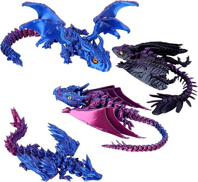 4PCS 12 Inch 3D Printed Dragons, Feathered Wyvern Figure with Wings, Dragon Desk Decor, Collectible Toy for Dragon Lovers(Purple-B)