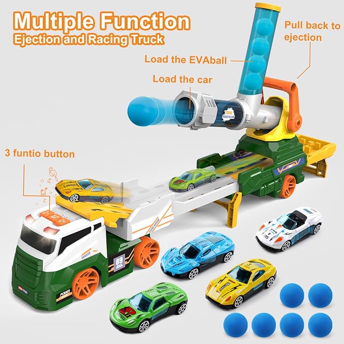Dwi Dowellin Trucks Toys for Kids, 28" Large Car Toys Include 4 Racing Cars+6 Ball, with Light & Sounds, Eejection&Shooting Transport Cars Toy Truck, Birthday Gifts for Boys Girls-Green