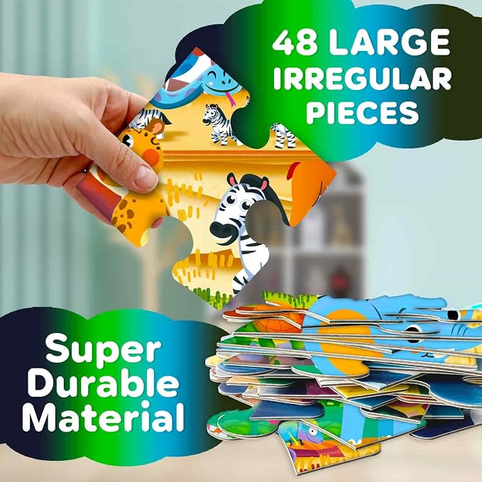 QUOKKA Giant Floor Puzzles for Kids Ages 4-6 – 2x3 Ft Glow in the Dark Jumbo Jigsaw Puzzles for Kids Ages 3-5 – 48 Large Pieces African Animal Safari Scene for 4-8 yo – Toy with Gift Box for Toddlers