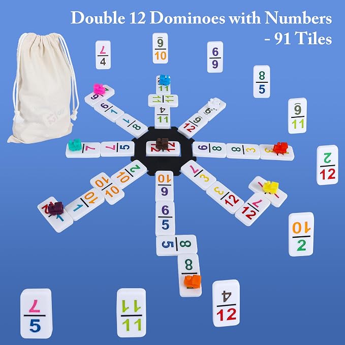 Mexican Train Dominoes Set Double 12 with Numbers, Dominoes Set for Adults and Family, Mexican Train Double 12 Numbers Dominos Set - 91 Tiles, 9 Trains, 8PCS Wooden Holders, Hub, Instruction