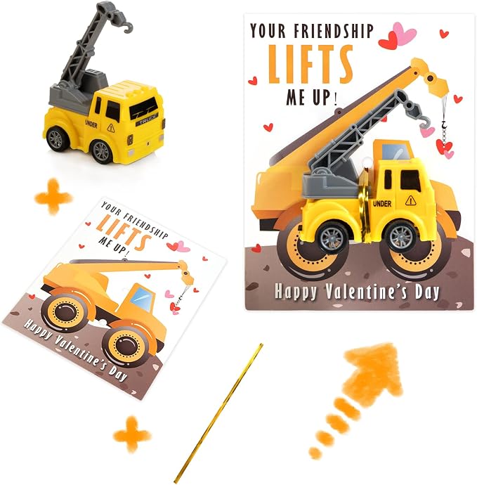 Thigreact Valentines Cards for Kids Classroom - Valentines Day Gifts for Kids - 24 Construction Vehicles Toys Card Bulk - Valentine Exchange Cards for Toddlers Boys School Party Favors
