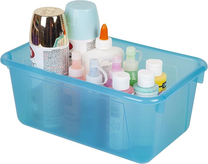 Storex Small Cubby Bins – Plastic Storage Containers for Classroom with Non-Snap Lid, 12.2 x 7.8 x 5.1 inches, Tint Teal, 5-Pack (62486A05C)