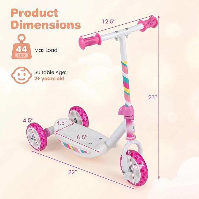 GYMAX Kick Scooter for Kids 2+, 3 Light-up Wheels Toddler Scooter with Wide Anti-Slip Deck & Hand Grip, Heavy Duty Stable Lightweight Ride On Scooters for Boys Girls