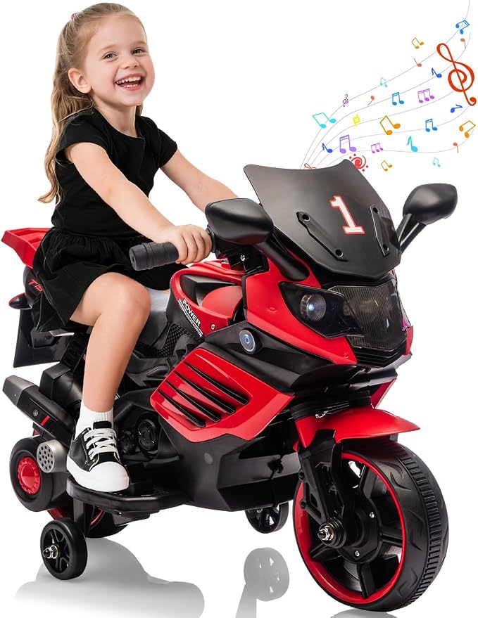 Garvee Kids 6V Ride On Motorcycle, Battery Powered Ride On Toys w/Treaded Tires, Working Headlight, Horn, Music, Training Wheels, Stable Electric Toddler Motorcycle for Kids, Gift for Boys Girls, Red