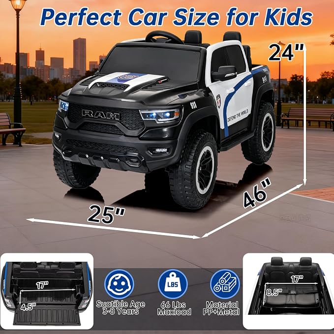 FINITO 4WD Kids 24V 4x4 Kids Ride On 2 Seater Police Truck, Remote Control Ride On Toy Car, Kids' Electric Ride On Truck, Kids' Side by Side Truck for Children Ages 3+, Powered Cars for Kids