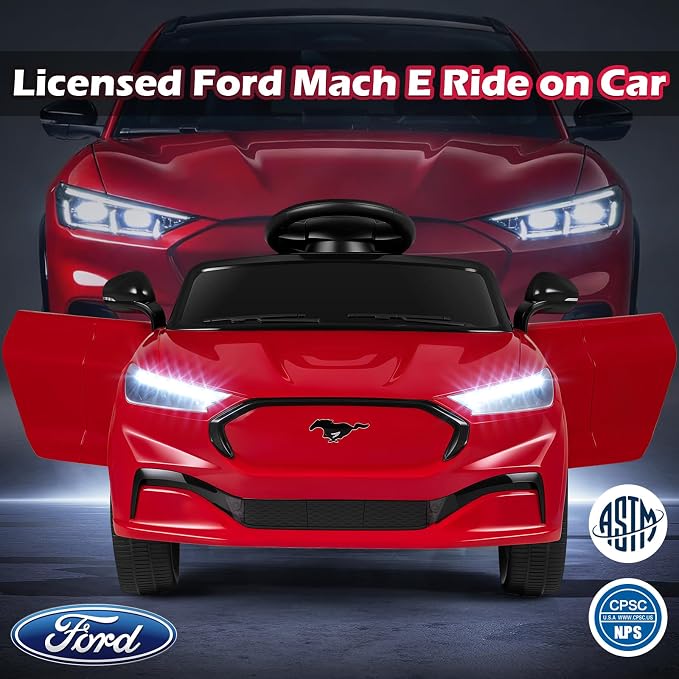 Costzon Ride on Car, 12V Licensed Ford Mach E Kids Electric Vehicle with Parent Control, LED Lights, Horn, Music, Wireless Connection & Spring Suspension, Kids Car Toy for Girls Boys (Red)