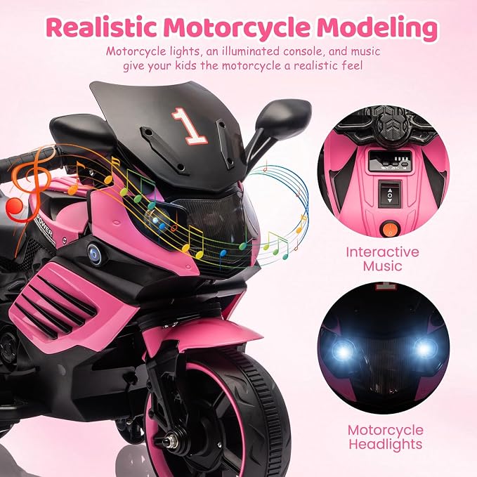 GarveeLife 6V Kids Motorcycle, Electric Ride On Car Toy with Training Wheels, Working Headlight, Horn & Music, Battery Powered Ride On Motorcycle Toy for Toddler Kids Boys Girls Ages 3-5, Pink