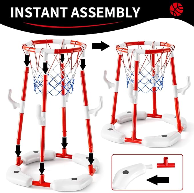 Pool Basketball Hoop Toys for Kids Ages 4-8 8-12 & Adult, Summer Outdoor Swimming Pool Games Water Play Toys Family Party for Kids, 2 in1 Pool Basketball Hoop & Ring Game with 4 Balls 12 Rings & Pump
