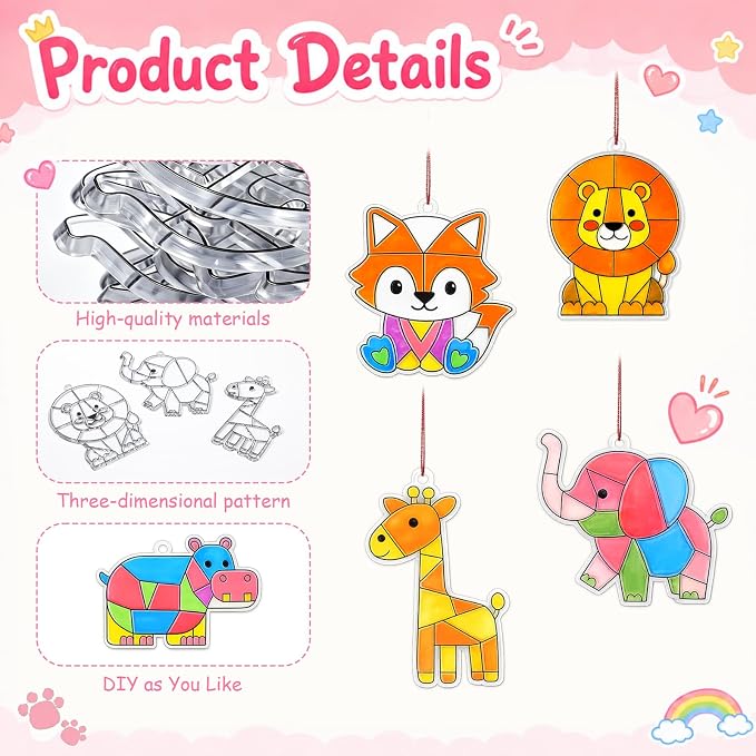 Blueweenly 36 Pcs Jungle Animal Suncatcher Kits 24 Pcs Jungle Animals Suncatchers Painting Crafts 12 Colored Paints Suncatcher Decoration Window Paint Art Sun Catchers Gift Art Project
