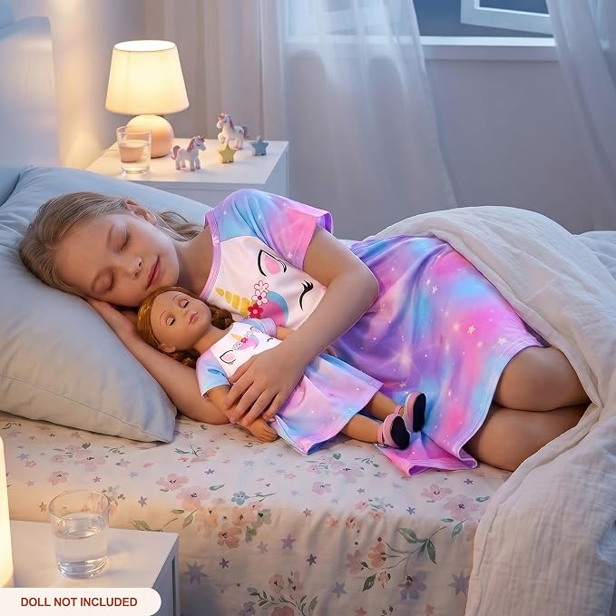 Play Tailor Doll and Girl Matching Nightgown Unicorn Outfit Pajamas Night Dress for Girls and 18" Dolls Clothes