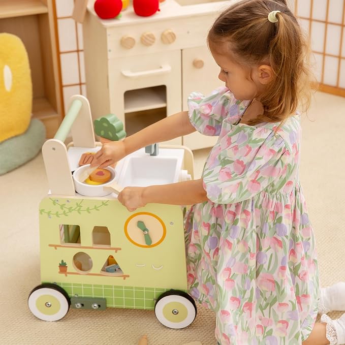 6-in-1 Wooden Baby Push Walker, Montessori Activity Center for Toddlers 1-3, Pretend Play Kitchen Stroller with Speed Control & Shape Sorter, Early Learning Development Gift for Boys Girls