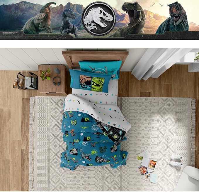 Jurassic World Kids Bedding Super Soft Cozy Reversible Microfiber Comforter and Sheet Set with Sham, 5 Piece Twin Size, (Officially Licensed Product) By Franco