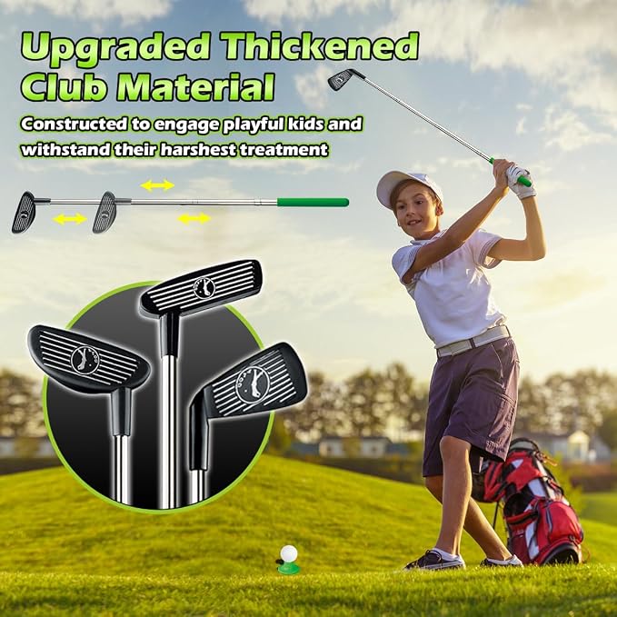 TERRAMUS Upgraded Kids Toy Golf Set with Dinosaur Automatic Golf Returner, Led Light Up Night Golf Balls, 3 Clubs, Putting Mat, 3-8 Toddler Mini Golf Games, Indoor Outdoor Sports Toys for Boys Girls