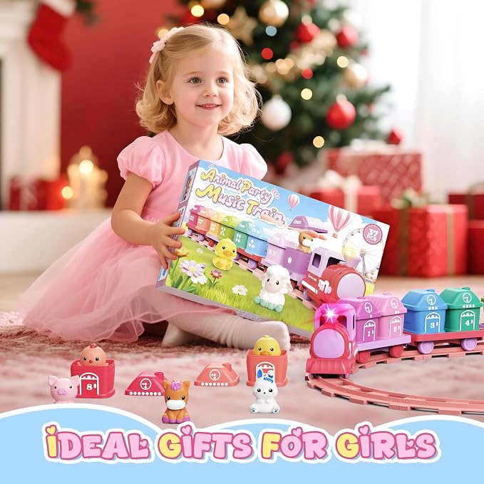 Train Set for Toddlers 2-4, Electric Toddler Train Set with Farm Animals, Music & Lights, Montessori Counting & Sorting Learning Toy, Birthday Easter for Boys Girls (Pink)