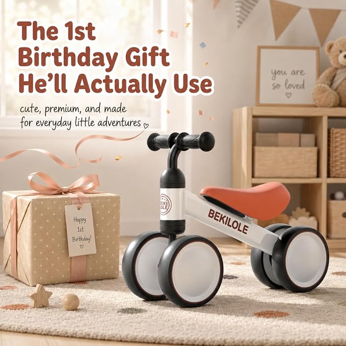 BEKILOLE Baby Balance Bike for 1 Year Old Boys Girls, 12-24 Month Toddler Balance Bike, No-Pedal 4 Silent Wheels, Ride-On Toys for 1 Year Old, 1st Birthday Boy Gifts, White Brown