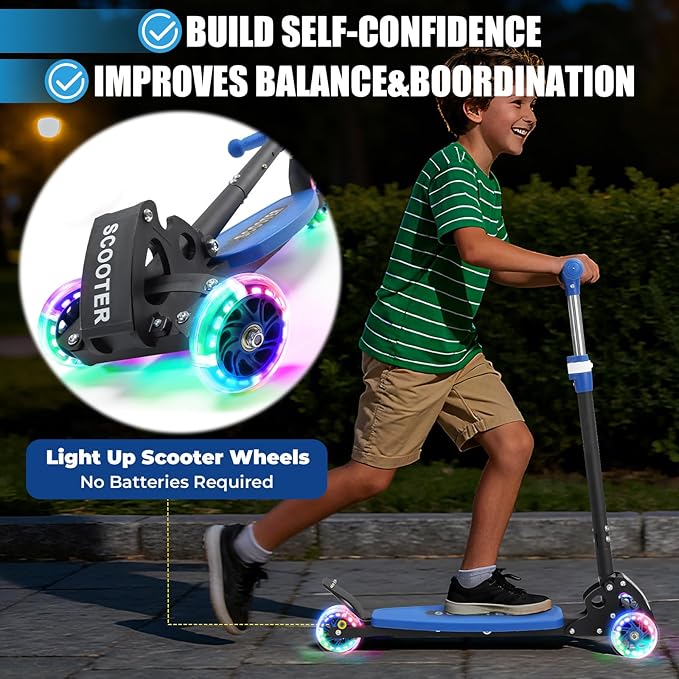 3 Wheel Scooter for Kids Ages 3-12, LED Light-Up Kids Kick Scooter–Portable Foldable, Adjustable Height, Durable Metal Construction, 6" Extra Wide Deck for Outdoor Activities,Child Safety Certified