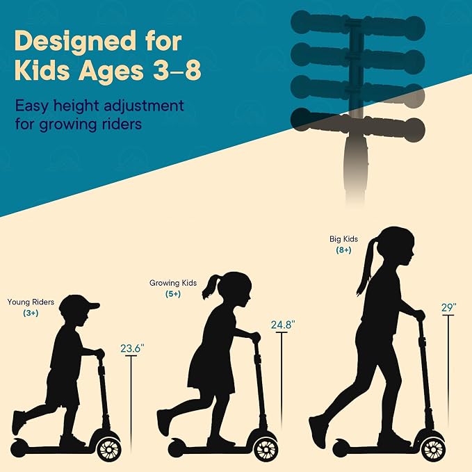 Outdoor Cruiser 3-Wheel Kids Scooter – with Lean-to-Steer Technology, Led Lighted Wheel, 4-Level Adjustable Height T-bar Handle, Support Kids Up to 150 Lbs, for Boys & Girls Ages 3-8, Black and Red