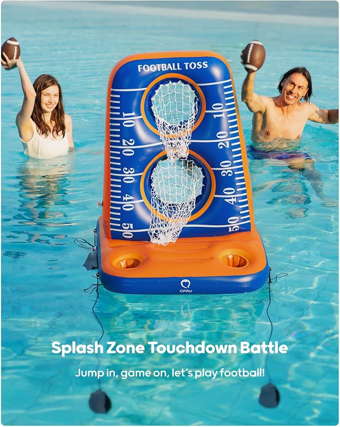 QPAU Inflatable Football Toss Game for Pool – Water Football Target with 4 Balls & 2 Pumps, Dual Net Design, Stable Base, Summer Pool Game for Kids & Adults (Blue+Orange)