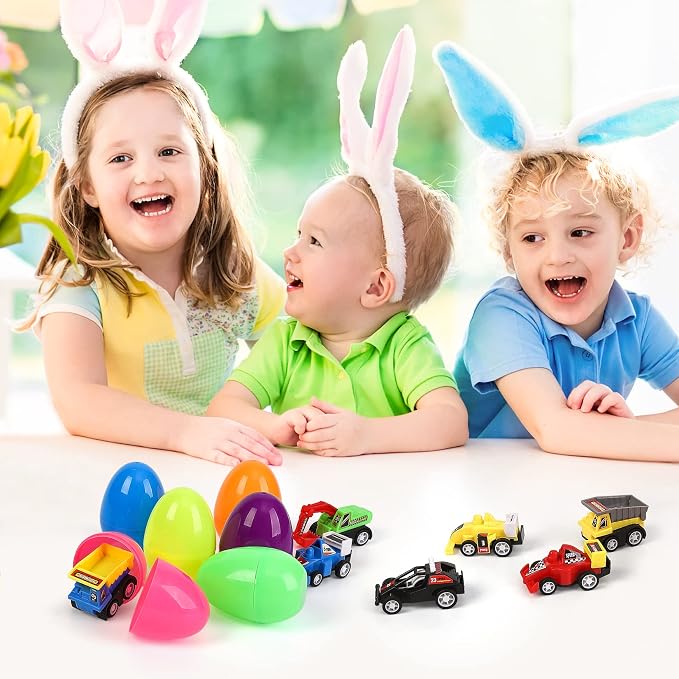 12 Pcs Easter Eggs Prefilled with Pull Back Cars for 3-6 Year Old Boys, Pull Back Construction Vehicle and Race Car for Easter Party Favors, Easter Basket Stuffers, Easter Egg Fillers,Easter Eggs Hunt