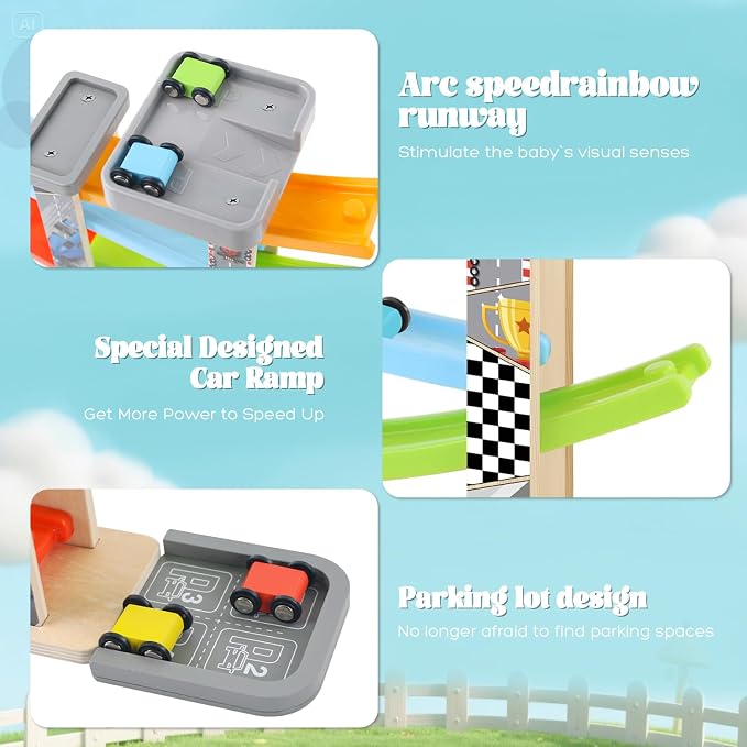 Wooden Car Ramp Toy Set, Montessori Ramp Set Includes 4 Mini Cars and Track — Educational Gift for Boys and Girls 3+ Years Old