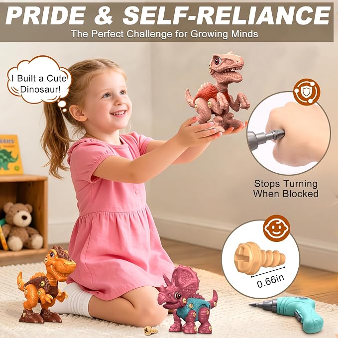 Laradola Assemble Dinosaur Toys for Kids: 3 Pack Dinosaur Construction Building Set with Electric Toy Drill & Screwdrivers - STEM Learning Hands-On Play Birthday Gift for Boys Girls Ages 3-5 5-7