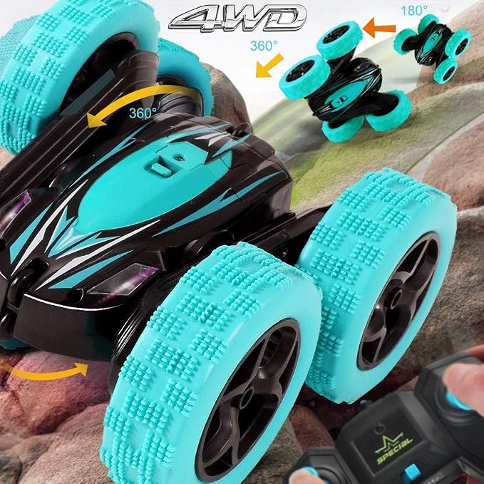 Remote Control Car: Double Sided 360°Rotating 4WD RC Cars 2.4GHz Electric Race Stunt Toy Car Rechargeable Toy Cars for 6 7 8 9 10 11 12 Year Old Boys Girls Kids Christmas Birthday Gifts Cyan