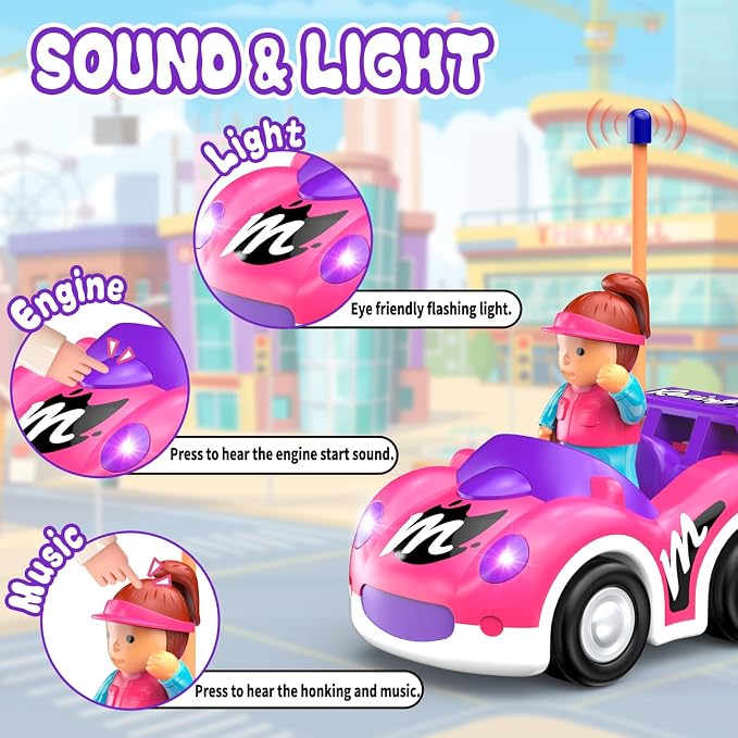 Elovien Remote Control Car for Toddlers 1-3, RC Race Toys for 3 Year Old Girl, Radio Controlled Car with Lights & Music Toys for Ages 2-4 Girls, Birthday Gift for Toddlers Baby Girls (Pink)