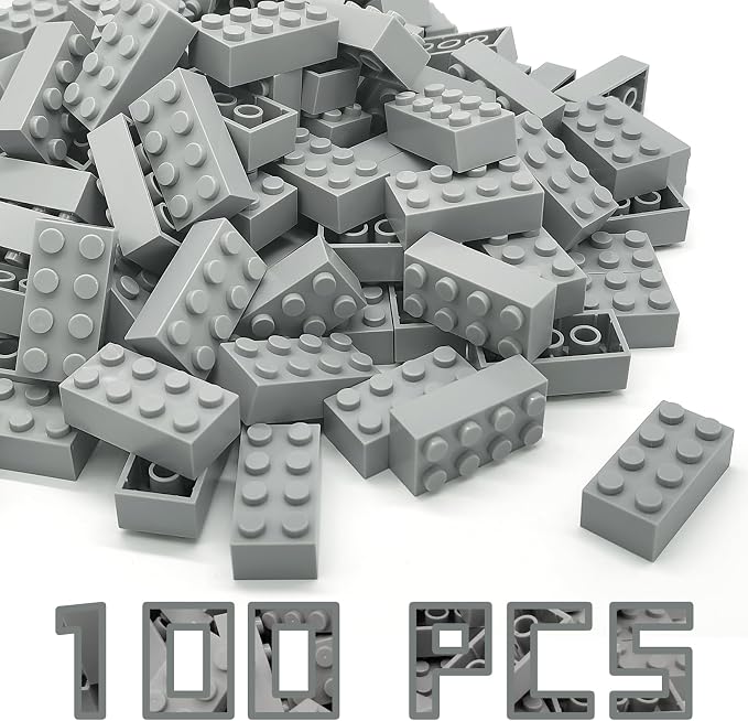 Classic Building Brick 2x4 100 Pieces, Compatible with Lego 3001 Bulk Block Set, Creative Building Toy DIY, Suitable for Boys Girls and Teenagers Aged 6+ (Gray)