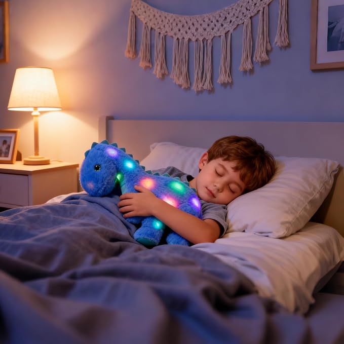 Hopearl LED Plush Dinosaur Light up Stuffed Diplodocus Animal with Long Neck Night Lights Glow in The Dark Birthday Gifts for Kids Toddler Girls, Blue, 16''