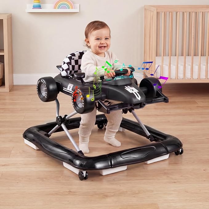 BABY JOY 4-in-1 Baby Walker, Foldable Activity Walker with Push Mode, Adjustable Height, Lights, Anti-Rollover, Baby Walker with Wheels for Boys Girls 6-18 Months (Black)