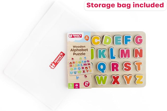 Jasey's Toy Chest Wooden Alphabet Puzzle | ABC Letter Learning Puzzle with Easy-Grip Pieces | Preschool Educational Toy for Toddlers Ages 18+ Months