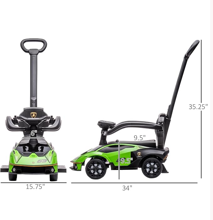 Aosom 2-in-1 Ride On Push Car for Toddlers 1-3, Licensed Lamborghini Stroller Sliding Car, Push-Along with Under Seat Storage Horn Engine Sound and Steering Wheel, Manual, Green