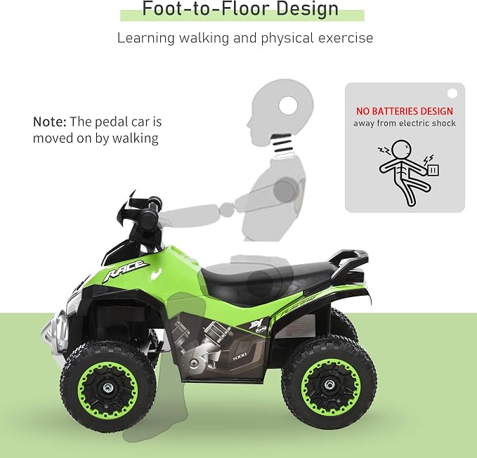Aosom NO Power Kids Ride On Push Car, Ride Racer, Foot-to-Floor Sliding Car, Walking ATV Toy with Music, Lights, for 1.5-3 Years Old, Green