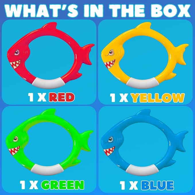 Haktoys Shark Dive Rings Pool Diving Toys for Kids, Sinking Swim Training Toys for Boys & Girls, Underwater Pool Games & Summer Fun, 4-Pack Fish Rings Set