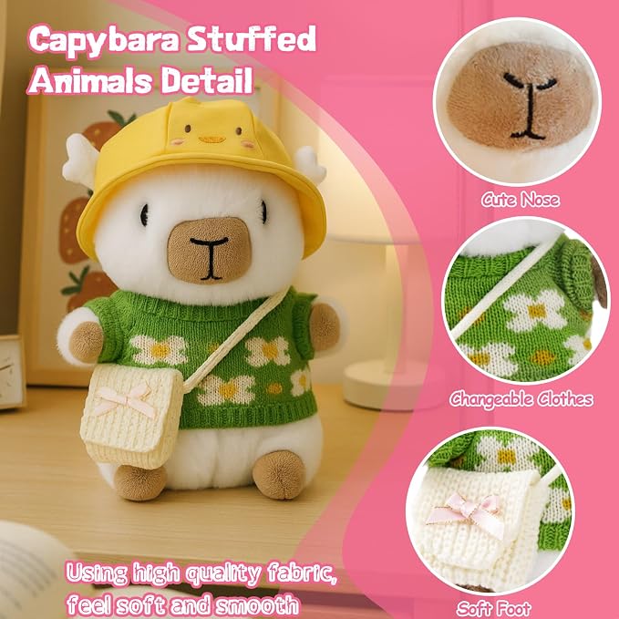 10.2" White Capybara Plush with 9 Pcs of Clothing and Accessories Super Soft Capybara Stuffed Animal Capybara Plush Toy is Suitable for Kids, Girls and Boys