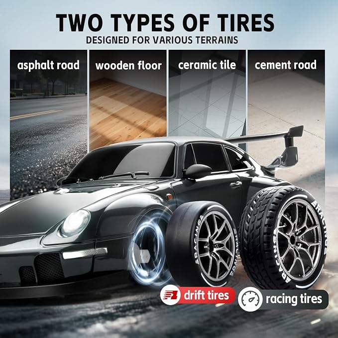 RC Drift Car, 1/24 Widebody Grey Remote Control Drift Car for Adults Kids, 4WD 20KM/H High Speed RC Sports Cars with LED Lights, Extra Racing Tires, Vehicle for Boys Beginners Indoors Outdoors