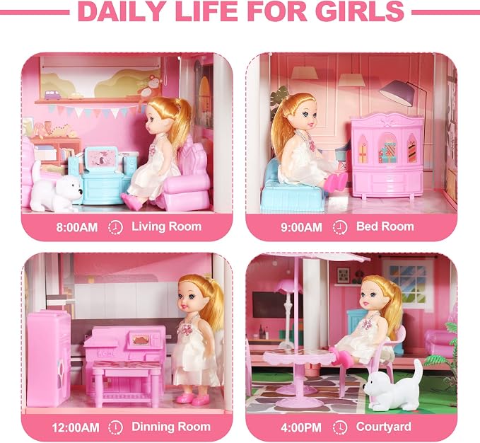 Doll House Set for Girls, Princess House Toys with 4 Dolls Furniture and 4-Story 11 Rooms,Pretend Play DIY with Light Strip for Kids, Building Dolls Playset Toys Kit Gift for Ages 3 4 5 6+
