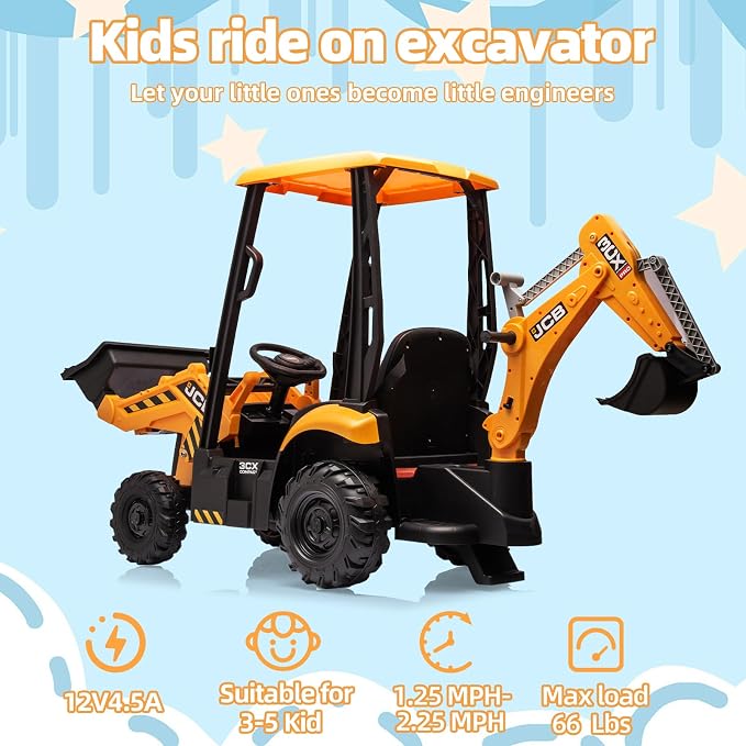 12V JCB Ride On Excavator with Remote Control, Kids Ride On Car 3–8, Front Loader & Backhoe Digging Arm, Tractor & Bulldozer Modes, Slow Start, Adjustable Speeds, Engine Start Sound (Yellow)
