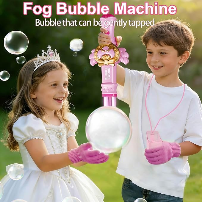 Aooess Fog Bubble Machine for Kids 3+, Mist Bubble Wand with LED Lights and Music, USB Rechargeable Bubble Toy, Complete Kit with Gloves & Bubble Solution, Indoor Outdoor Party Favors for Boys Girls